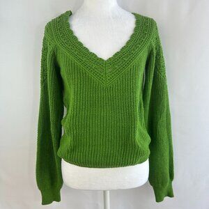 Indie + Moi Minimalist Vibrant Green Knit V-Neck Sweater - X-Small